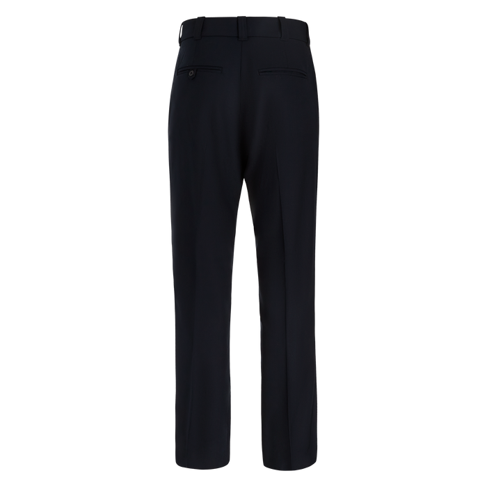 Product shot of dark navy trousers featuring a button, pockets, and a crisp crease down the center