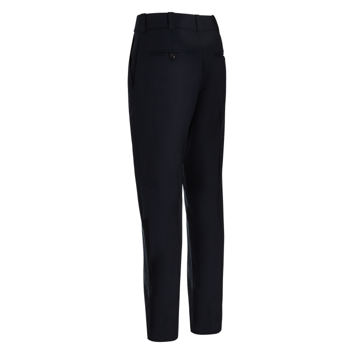 Product shot of dark navy trousers featuring a center back seam, a button closure, and sleek pockets