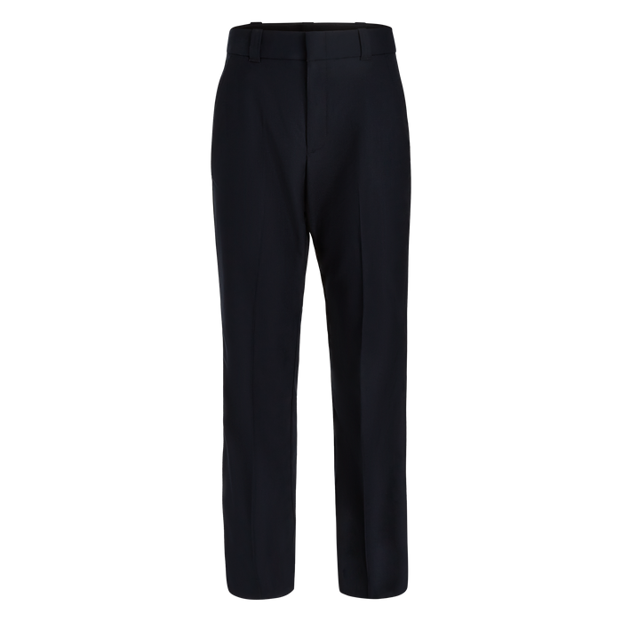 Product shot of dark navy blue women's trousers featuring a center crease, flat front, and a tailored fit