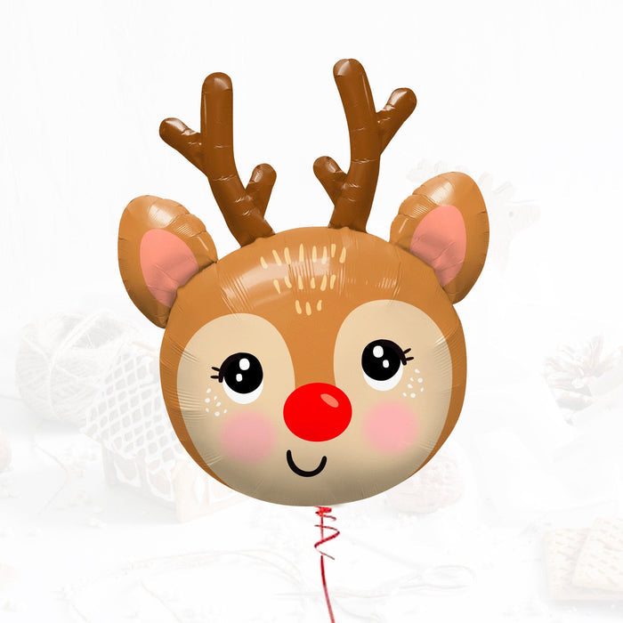 Rudolph reindeer foil balloon with brown antlers, pink ears, and red nose