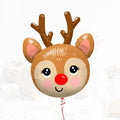 Rudolph reindeer foil balloon with brown antlers, pink ears, and red nose