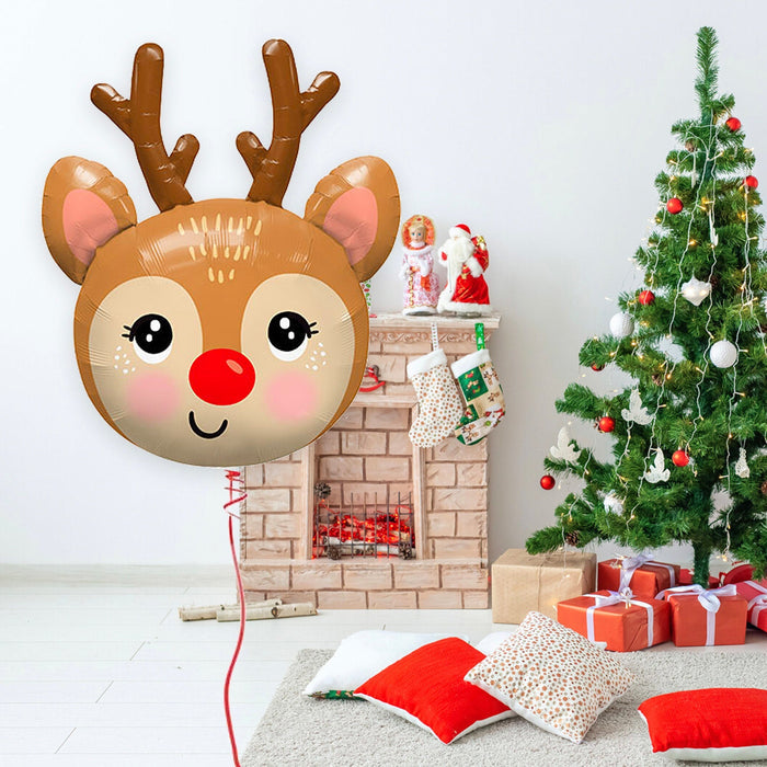 Rudolph reindeer foil balloon with brown antlers, pink ears, and red nose