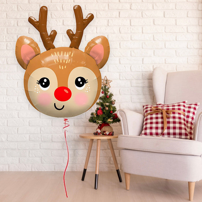 Rudolph reindeer foil balloon with red nose and brown antlers, pink inner ears