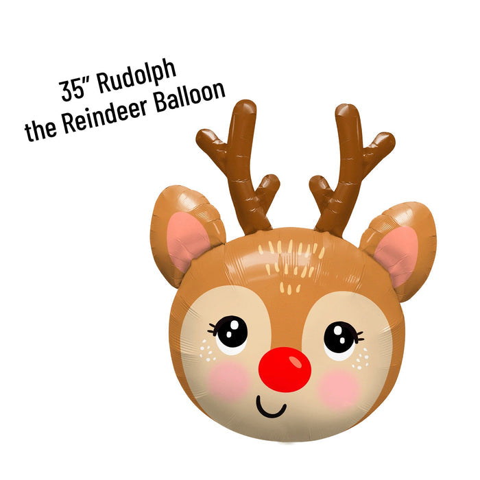 35 in Rudolph reindeer foil balloon with brown antlers, pink ears, and red nose