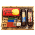 Meat and cheese gift crate with crackers, cheese spread, and two dark sausages