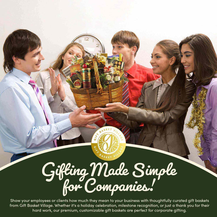 People holding a large gift basket filled with assorted meat, cheese, and snacks