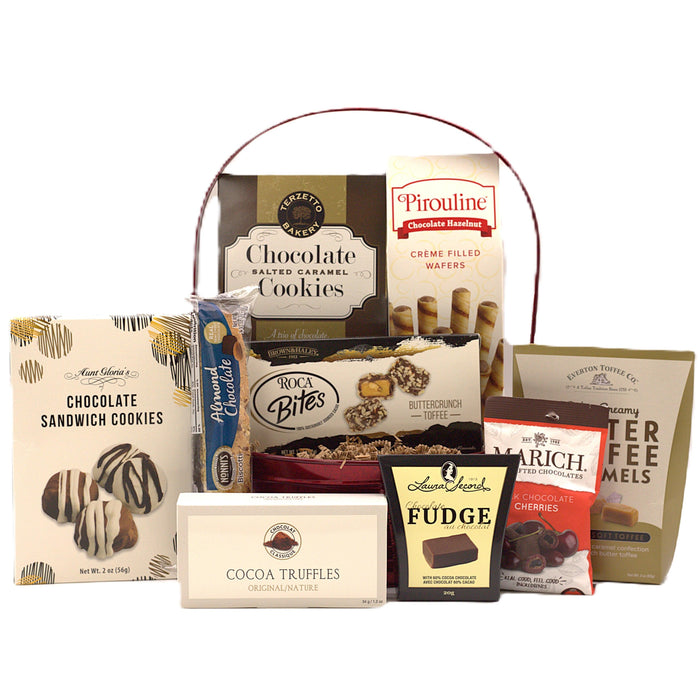 Christmas gift basket with assorted chocolates, wafers, truffles, and coffee drinks
