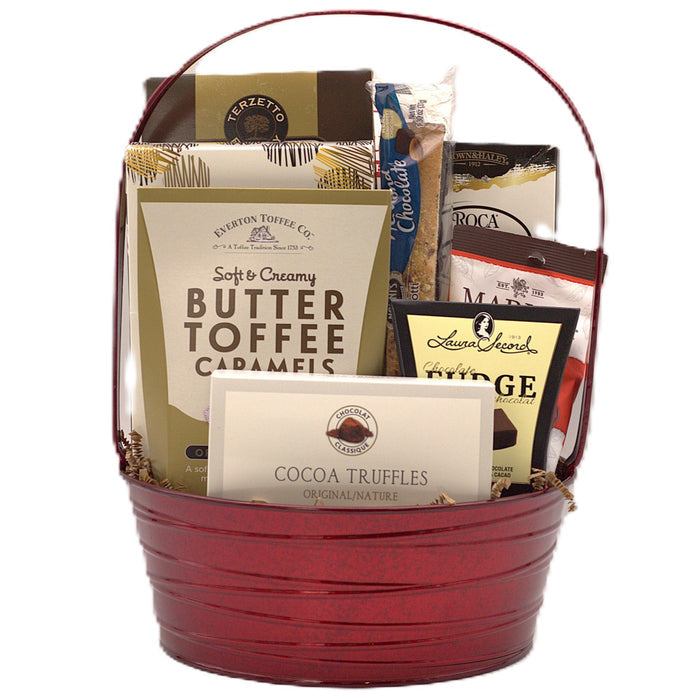 Christmas gift basket with butter toffee caramels, cocoa truffles, and chocolate treats