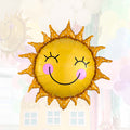 Smiling sun balloon with stitched yellow face, orange dotted rays, pink cheeks and smile