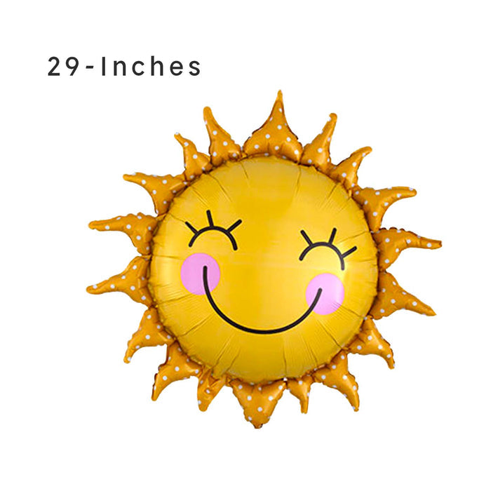 Smiling sun foil balloon with yellow face, orange rays, and pink cheek circles