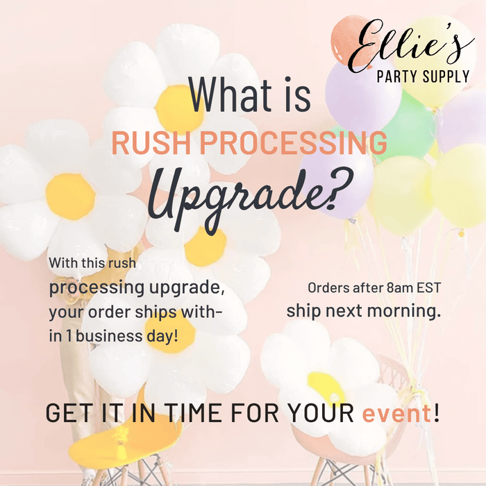 Helium balloon bouquet with pastel balloons, Ellie's Party Supply rush processing graphic