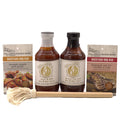BBQ gift set with two sauce bottles, two rub packets, wooden spatula, and twine