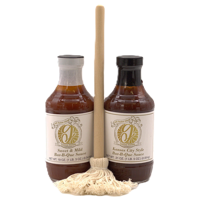 Two BBQ sauce bottles with wooden skewer and bundled cotton twine