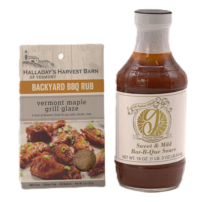 BBQ rub packet and sweet & mild bar-b-que sauce bottle with cap