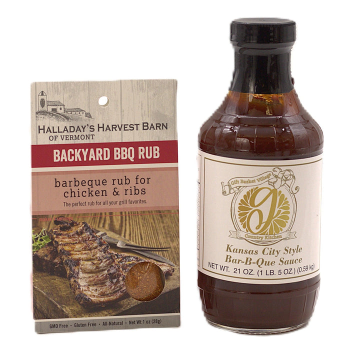 BBQ rub packet and Kansas City style bar-b-que sauce bottle with cap
