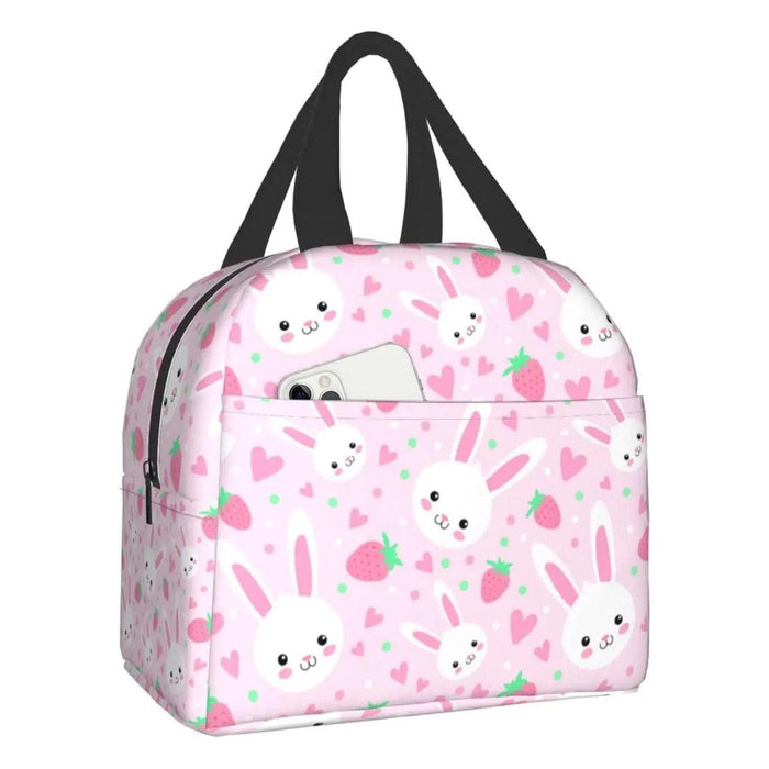 Pink strawberry bunny print insulated lunch bag with black carry handles