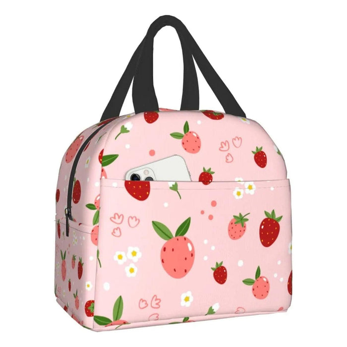 Pink strawberry fruit print insulated lunch bag with black carry handles