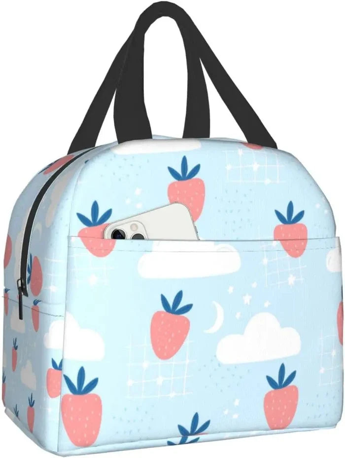 Light blue strawberry and cloud pattern insulated lunch bag with black carry handles