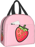 Pink strawberry graphic insulated lunch bag with black carry handles