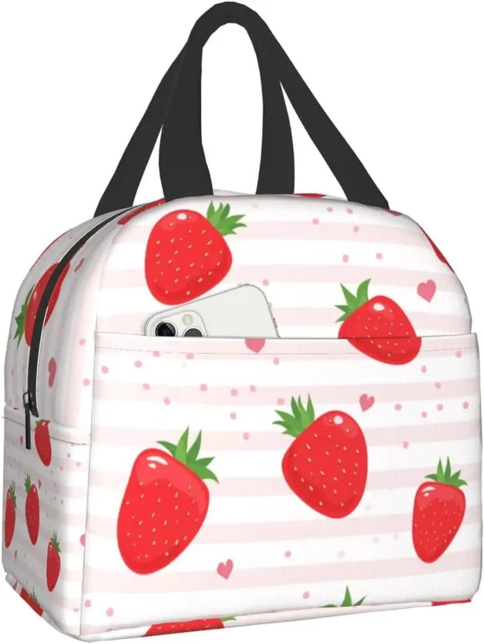 White strawberry stripe insulated lunch bag with black carry handles