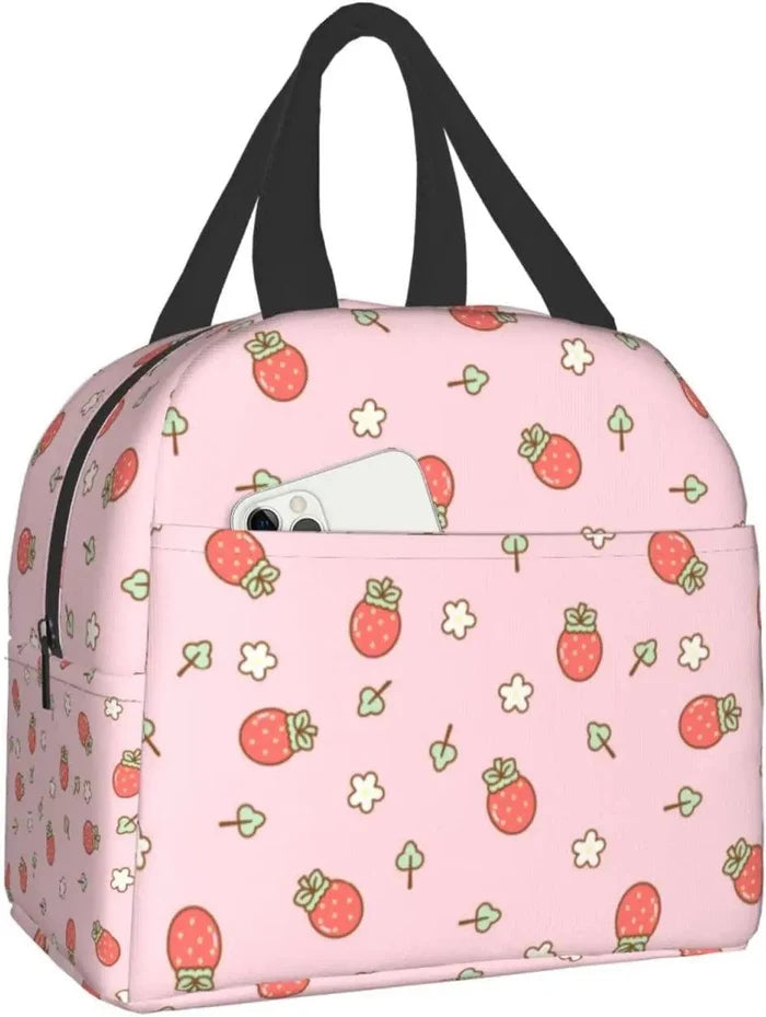 Pink strawberry doodle print insulated lunch bag with black carry handles