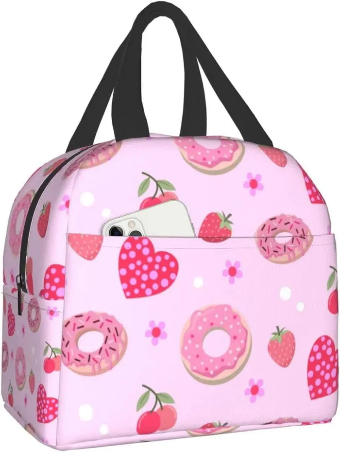 Pink donut and strawberry print insulated lunch bag with black carry handles