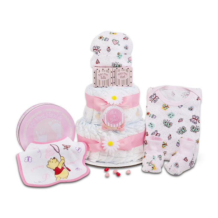 Pink diaper cake gift basket with onesie, pants, and bib featuring cartoon baby animals