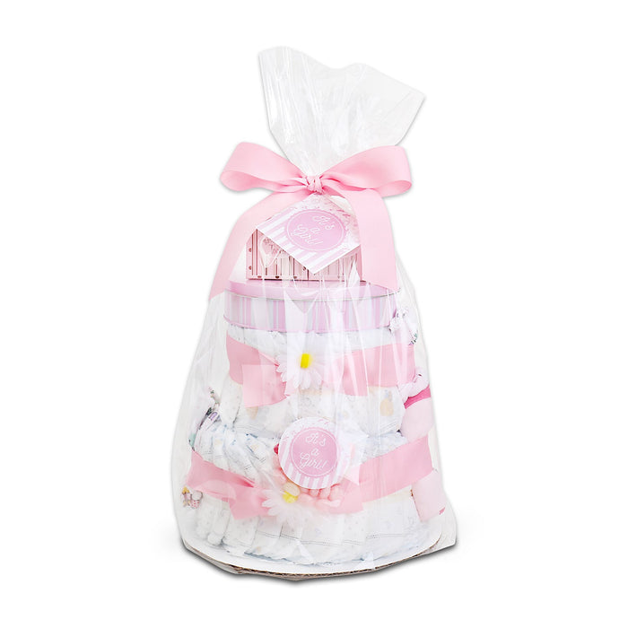 Pink and white diaper cake gift basket with top ribbon bow and daisy trim