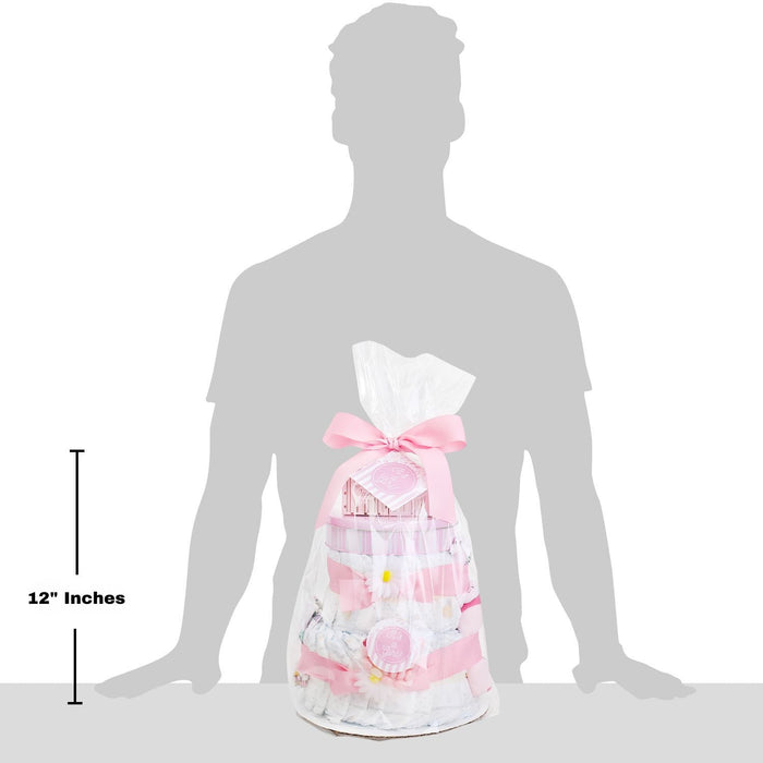 Pink diaper cake gift basket with ribbon bow, shown with size reference
