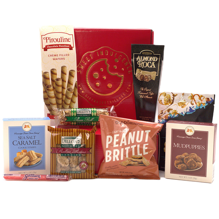 Sweet Indulgence gift box with assorted chocolates, wafers, brittle, and snack packs