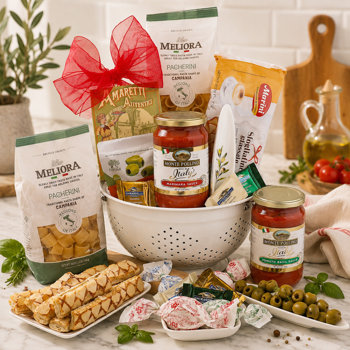Pasta gift basket with white perforated basket, pasta bags, sauce jars, olives and snacks