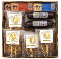 Wooden gift basket crate with packaged sausage, cheese, and snack bags arranged inside
