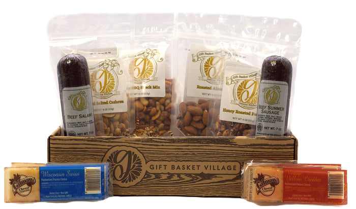 Wooden gift basket crate with clear packs of sausage and nuts, plus snack bars