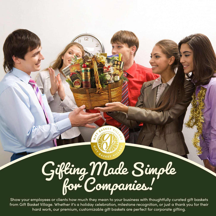 Woven gift basket of packaged foods held by a group, tied with a ribbon