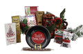 Christmas gift basket with round black tin, chocolates, and red pine decor
