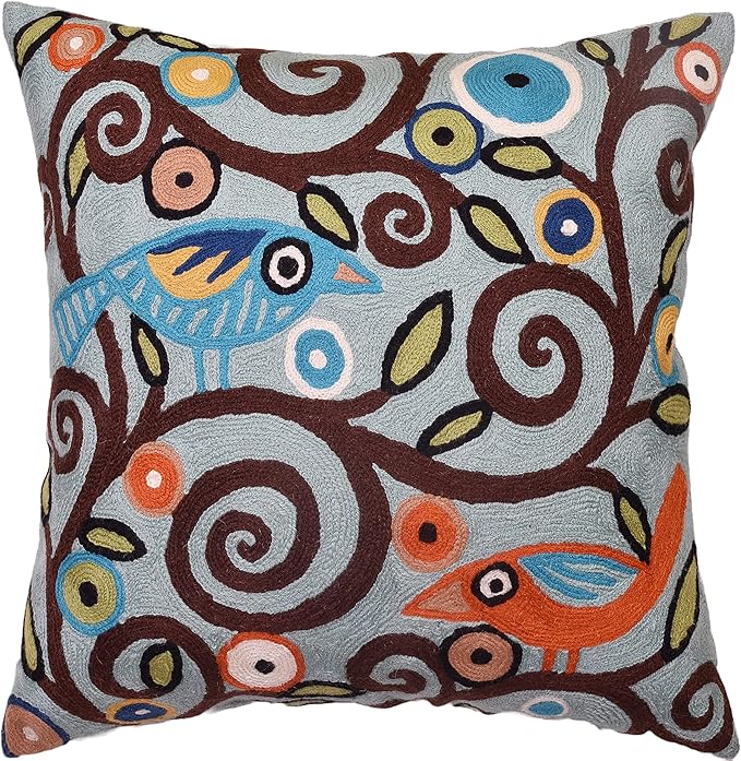 Teal birds and floral embroidered pillow cover with swirl pattern
