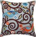 Teal birds and floral embroidered pillow cover with swirl pattern