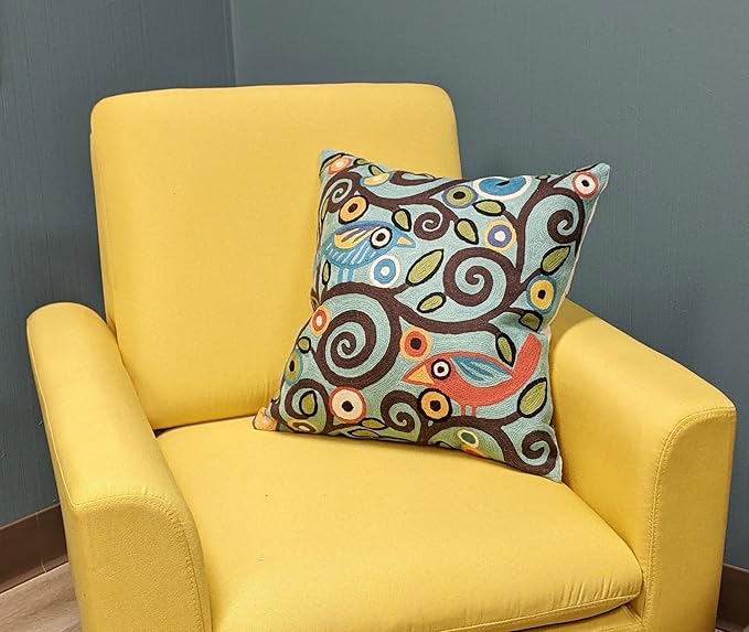 Bird and floral embroidered pillow cover with multicolor swirl pattern