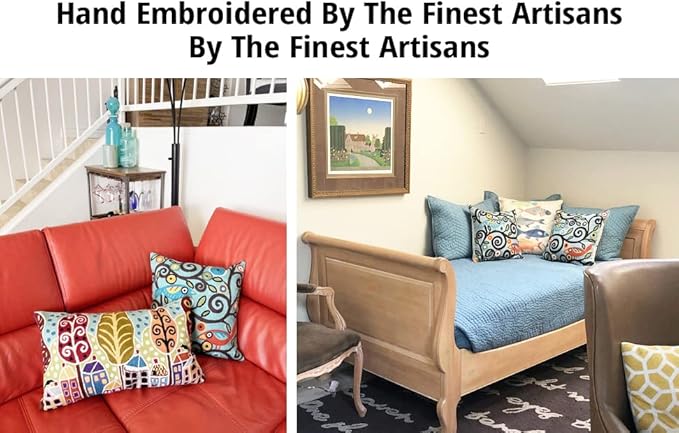 Hand embroidered birds and floral pillow covers with multicolor swirl pattern