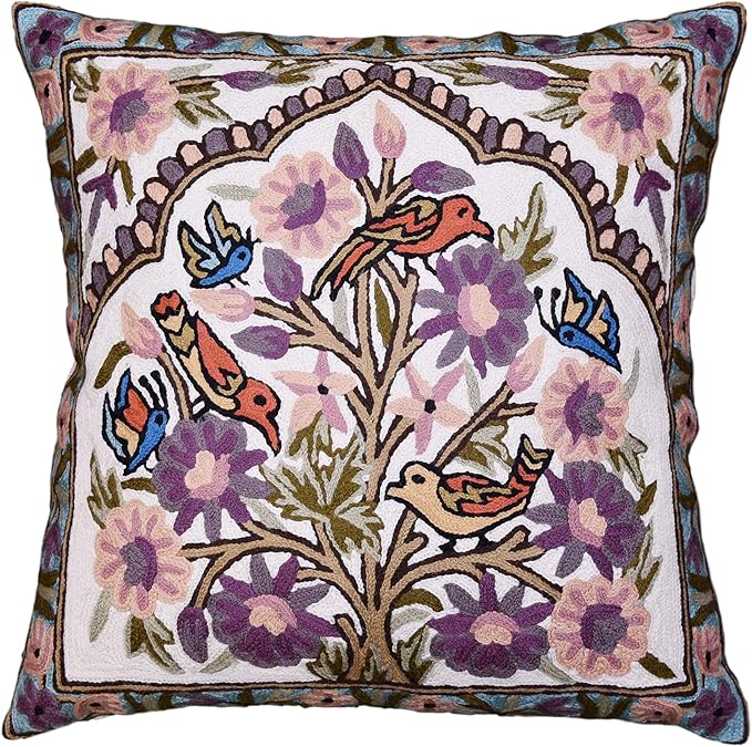 Lavender floral needlepoint pillow cover with tree-and-birds motif, 18x18