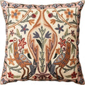Cream linen-look pillow cover with tree-and-bird suzani floral embroidery