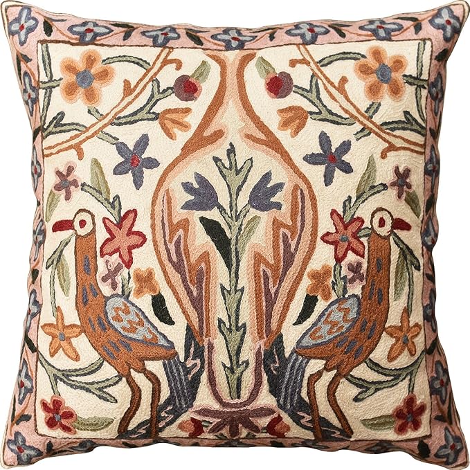 Cream linen-look pillow cover with tree-and-bird suzani floral embroidery