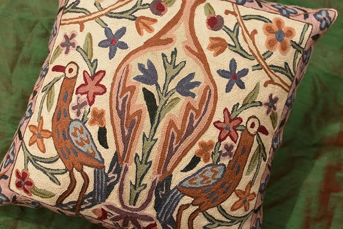 Cream pillow cover with embroidered bird pair and branches in multicolor thread