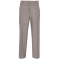 Product shot of taupe men's trousers featuring a flat front a mid-rise and straight leg with clean lines