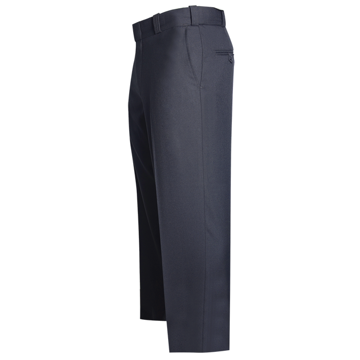 Product shot showing dark navy blue men's dress pants with a center crease and a single welt pocket exhibiting subtle texture and a clean tailored fit