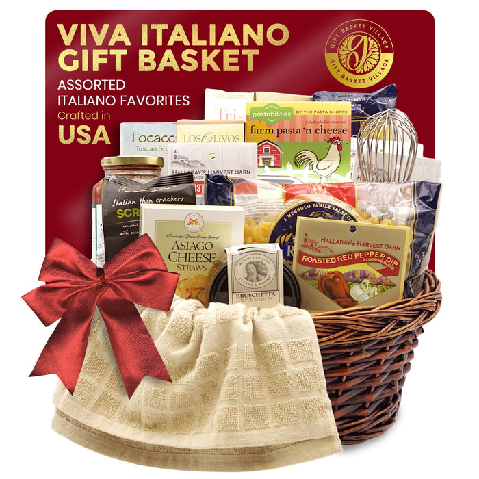Extra large Italian gift basket in wicker with cream cloth and red bow, assorted snacks