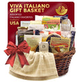 Extra large Italian gift basket in wicker with cream cloth and red bow, assorted snacks
