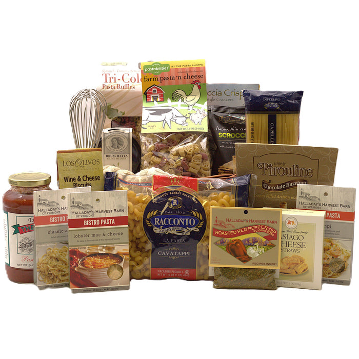 Wicker gift basket filled with assorted Italian foods: pasta, cheese, crackers, and sauces