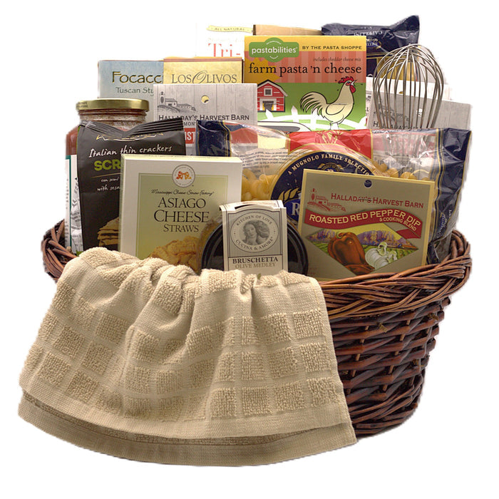 Wicker Italian gift basket with cream fabric cover and assorted packaged foods
