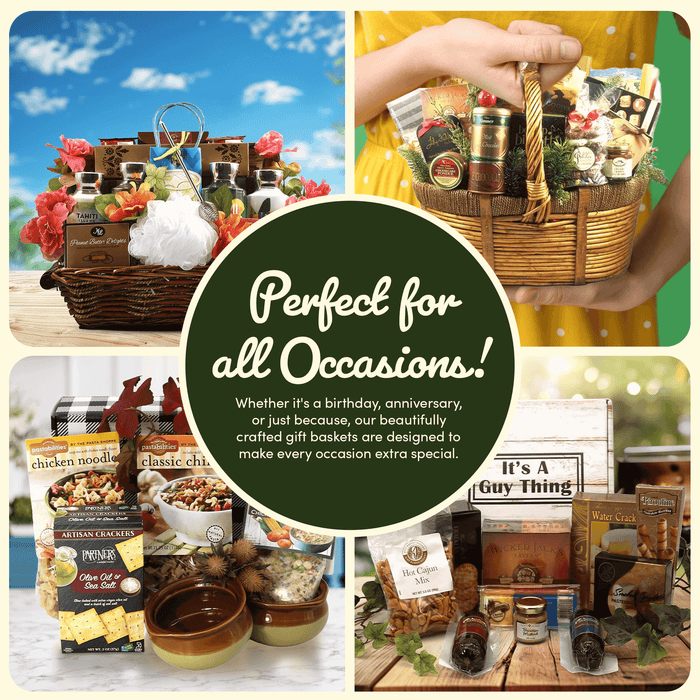 Italian gift basket assortment shown in several baskets with packaged treats